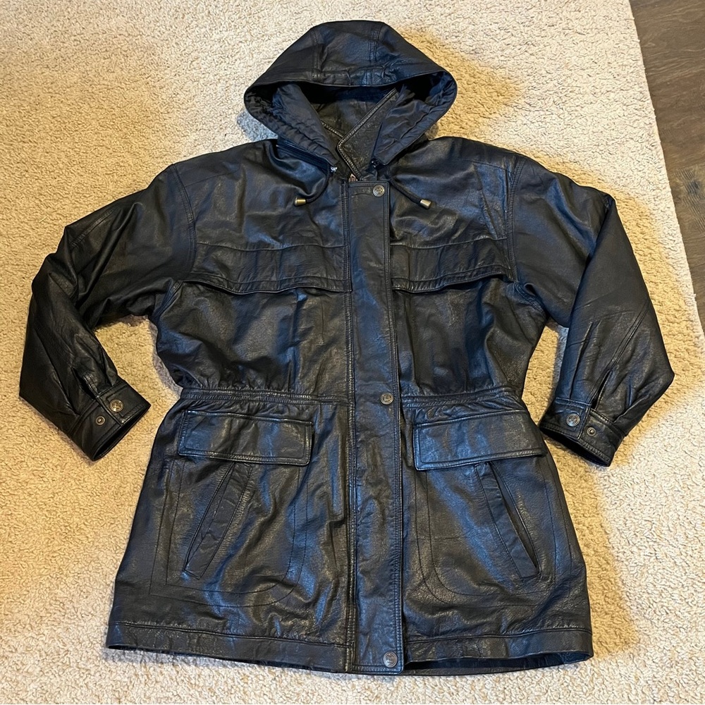 Vintage Annex Cuir Women's M Black Removable Hooded Leather Jacket Coat 90s